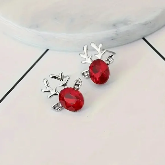 Red Reindeer Antler Christmas Earrings - Picture 4 of 5
